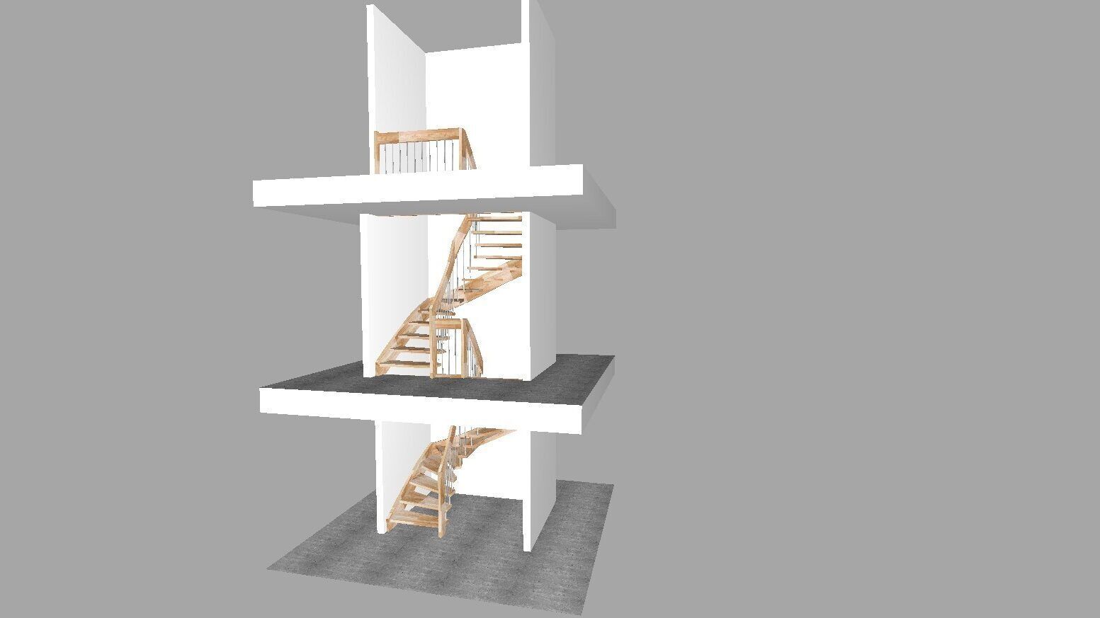 3D-Planungsansicht eines dreigeschossigen Treppenhauses mit zwei gewendelten Holztreppen übereinander